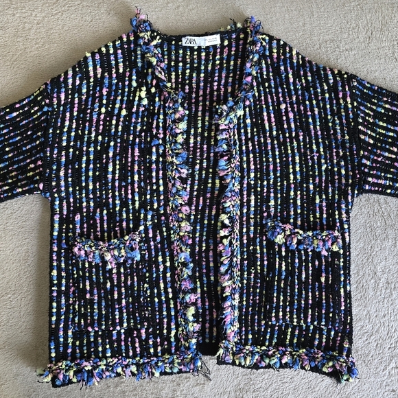 Zara multicolor knit tweed open front fringe cardigan size large - Picture 5 of 15